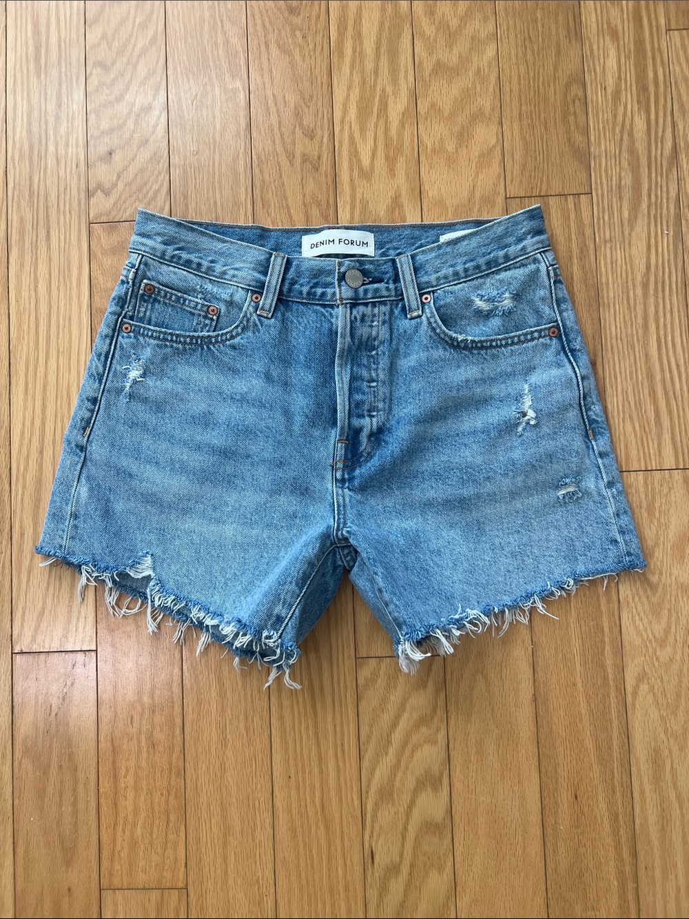 Denim Forum Light Blue Frayed Hem Denim Shorts